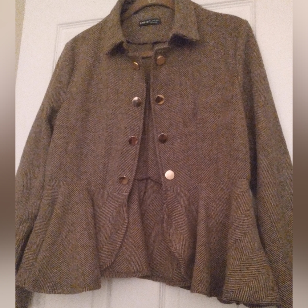 SHEIN Peplum Brown Woven Jacket Lrg Business‎ Academia Dark Y2K Winter Coquette